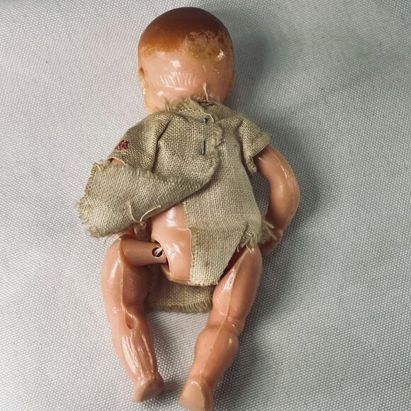 Vintage 4" Italian Celluloid Baby Doll W/ Cloth Outfit - Handmade Details & Wear - Picture 4 of 8